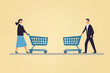 Business graphic vector modern style illustration of business people pushing a shopping cart trolley representing online commerce buying adding purchase