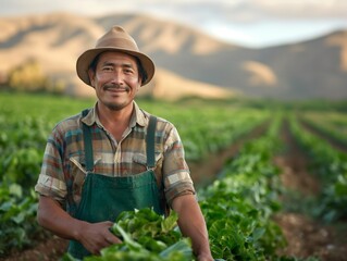 A man in a hat and apron is standing in a field of green plants. He is smiling and he is happy