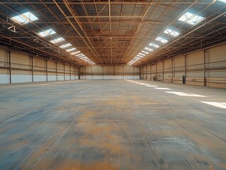 Wall Mural - A large empty warehouse with a lot of space and a lot of sunlight coming in. Scene is one of emptiness and openness