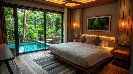 Wall Mural - Serene luxury hotel room with jungle view and pool access