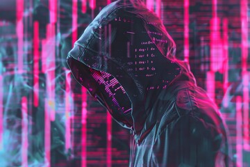 Wall Mural - A hacker in a hooded sweatshirt, glitch art background, code lines and numbers written on the screen in the style of glitch art Generative AI