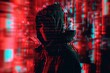 A hacker in a hood, background is glitchy computer code, in the style of glitch art Generative AI