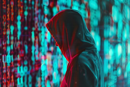 A hacker in a hooded sweatshirt, glitch art background, code lines and numbers written on the screen in the style of glitch art Generative AI