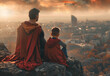 A father and child dressed up as superheroes, bonding and playing together in a fun and imaginative way.