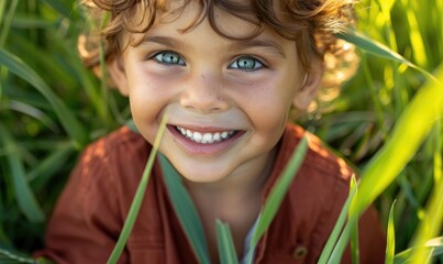 Wall Mural - A young child's smiling in green grass