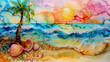 Beach summer background with beautiful shells and palm as wallpaper illustration, alcohol ink abstract painting	
