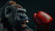 A realistic gorilla wearing red boxing gloves, poised aggressively against a dark background.