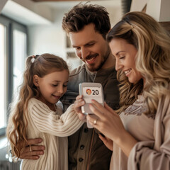 Sticker - Family looking at smart thermostat, adjusting, lowering heating temperature at home. Concept of sustainable, efficient, and smart technology in home heating and thermostats