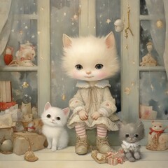 Poster - cute kitten in a room with white fluffy bear