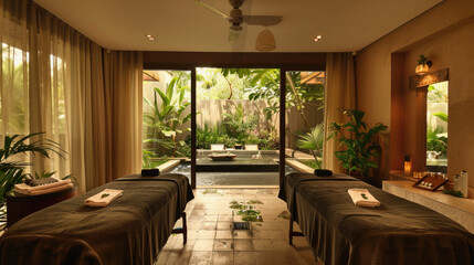 Wall Mural - A spa with two massage tables and a large window