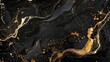 Black abstract marble background with splashes and gold lines
