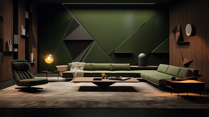 Interior design concept using deep wood and olive green tones, inspired by Suprematism, focusing on clean lines and abstract forms