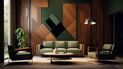 Interior design concept using deep wood and olive green tones, inspired by Suprematism, focusing on clean lines and abstract forms