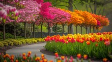 Pathway Surrounded By Vibrant And Diverse Flowers, Creating A Stunning Display Of Colors And Patterns, Row Of Vibrant Tulip Trees In A City Park
