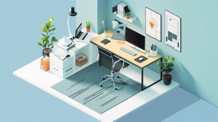 Poster - Office Room With Desk, Chair, Computer, and Potted Plants