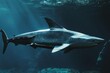 Beneath the oceans surface, a shark with streamlined, hydrodynamic armor cuts through the water, its dorsal fin outfitted with sonar technology