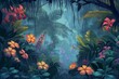 Lush and vibrant jungle illustration background with textured and exotic tropical flowers - a serene and mystical nature botanical foliage landscape