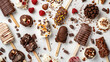 Ice cream on stick coated with various chocolate