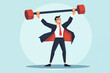 Business graphic vector modern style illustration of a business man lifting heavy weight succeeding being strong champion winning super hero carry burden achieve success conquer challenge