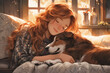 Digital Art - Young woman cuddling her dog