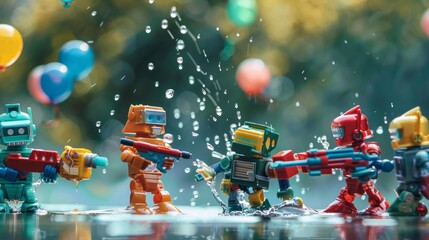 A whimsical scene of robots armed with water guns engaged in a water balloon fight   AI generated illustration