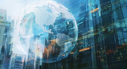 Wall Mural - A double exposure of a digital globe and glass high rise building, symbolizing global business with data technology creating appealing concept for web development in online marketing Generative AI