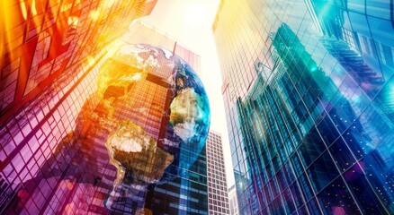 A double exposure of the globe and modern office buildings with glass facades, representing global business in the digital era Generative AI