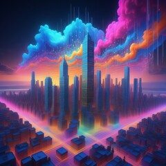 Poster - futuristic city skyline with colorful neon lights and skyscrapers. digital technology concept. illustration reflections.