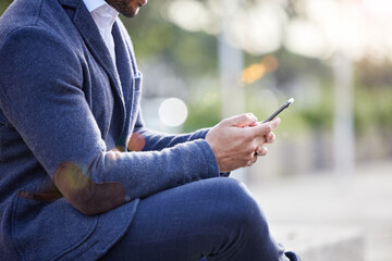 Poster - Hands, business man and phone in town for contact, travel and internet for networking in outdoors. Male person, commute and typing on app for conversation, lawyer and website for research planning
