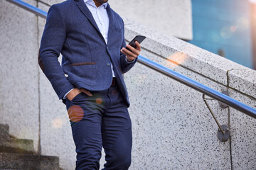 Poster - Stairs, business man and phone in city for contact, travel and internet for networking in outdoors. Male person, commute and typing on app for message, lawyer and website for research on urban steps