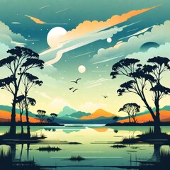 Sticker - vector illustration of the beautiful landscape river, lake and stars