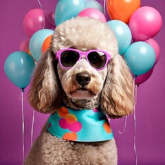 Wall Mural - portrait of a dog with bow and an air balloons. funny wearing sunglasses pink tie.