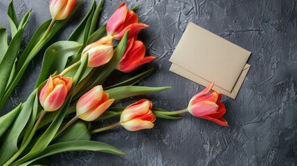 An aerial view of a spring themed arrangement featuring vibrant tulip blooms accompanied by a delicate paper card set against a stylish gray stone table Perfect for sending warm wishes on W