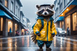 Cartoon raccoon tourist in a rubberized raincoat on a city street in the rain. AI generative.