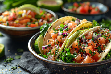 Wall Mural - Vibrant poke bowl with fresh ingredients, ideal for health and food themes. Trendy Mexican food.