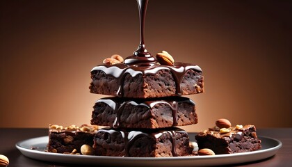 Wall Mural -  chocolate syrup poured over tower of chocolate nut brownies on tray.