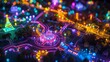Illuminated carnival ride in motion captured from above during nighttime. Lights and colors create a dynamic and exciting atmosphere.