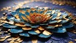 Large, intricate flower constructed from metallic petals of varying shades of blue, gold dominates image, casting elegant, luxurious aura. Each petal, meticulously crafted, arranged.