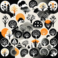 Poster - abstract background with trees, plants, leaves and circles.