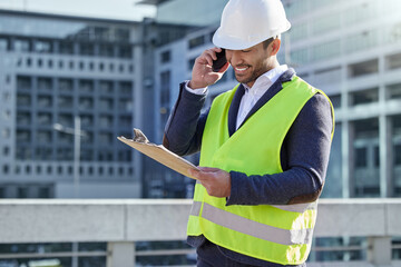Leinwandbilder - Engineer, man and clipboard and call in construction site with cellphone, smile and confident. Male person, project manager and hardhat in Abu Dhabi for building, architecture and development in city