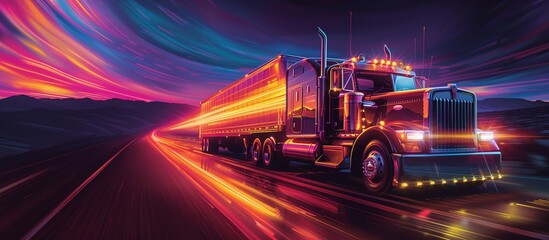 Painting of an american truck driving on the road at night. Generative ai