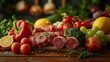 © Food Cart - balanced diet, cooking, culinary and food concept  close up of vegetables, fruits and meat on wooden table