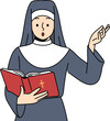Surprised nun reads bible or old testament and raises hand in surprise after learning history of emergence christianity. Shocked female church minister holding bible book, seeing lines needing change