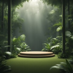 Wall Mural - dark empty wooden podium with natural light on green background. 3d rendering.