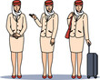 Women flight attendants of Arabian airlines, in traditional uniform with national hat and long skirt. Girls flight attendants offer to fly to Dubai or UAE and look at screen with smile