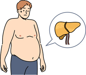 Liver illnesses in men cause obesity and digestive problems and symptoms of fatty hepatosis. Yellow liver near guy suffering from jaundice caused by poor hygiene or weakened immune system