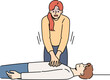 Woman nervous, giving heart massage to man fainted, pressing on chest muscles. Training in first aid and rescue of person with sudden heart failure or impaired cardio functions of body