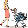 Woman carries man in supermarket carts, for concept of buying boyfriend and financially motivated marriages. Girl gives capricious boyfriend ride on buyer cart because guy doesnt want to go shopping