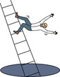 Loser man falls from career ladder into abyss, risking injury due to careless actions. Accident with guy who fell down career ladder after start of labor market crisis and wave of layoffs