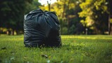 Fototapeta Zachód słońca - Dark waste sack on green lawn